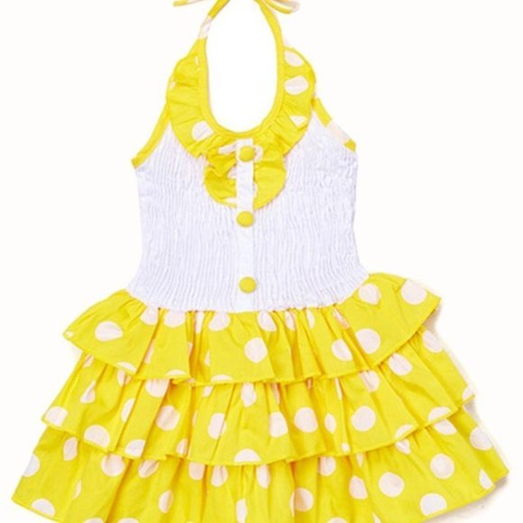 YELLOW 3 Tiers Ruffles Tutu Cotton Dress - Picture 2 of 8
